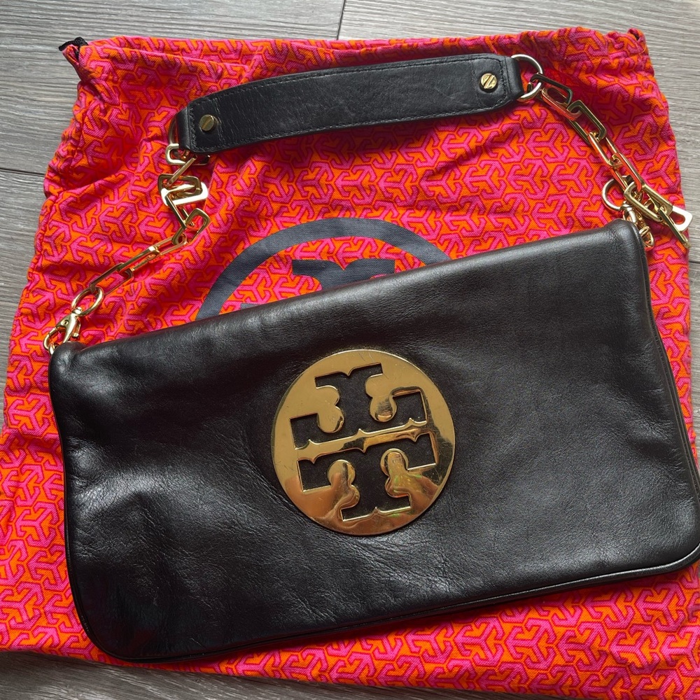 Tory Burch “Reva” Clutch Bag Black Leather Large Signature GOLD Medallion!